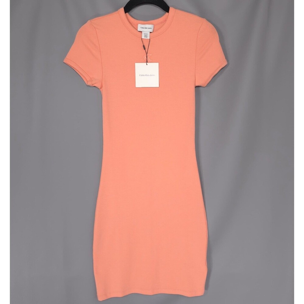 CALVIN KLEIN Women's New Mini Dress XS Coral Embroidered CK Minimalist